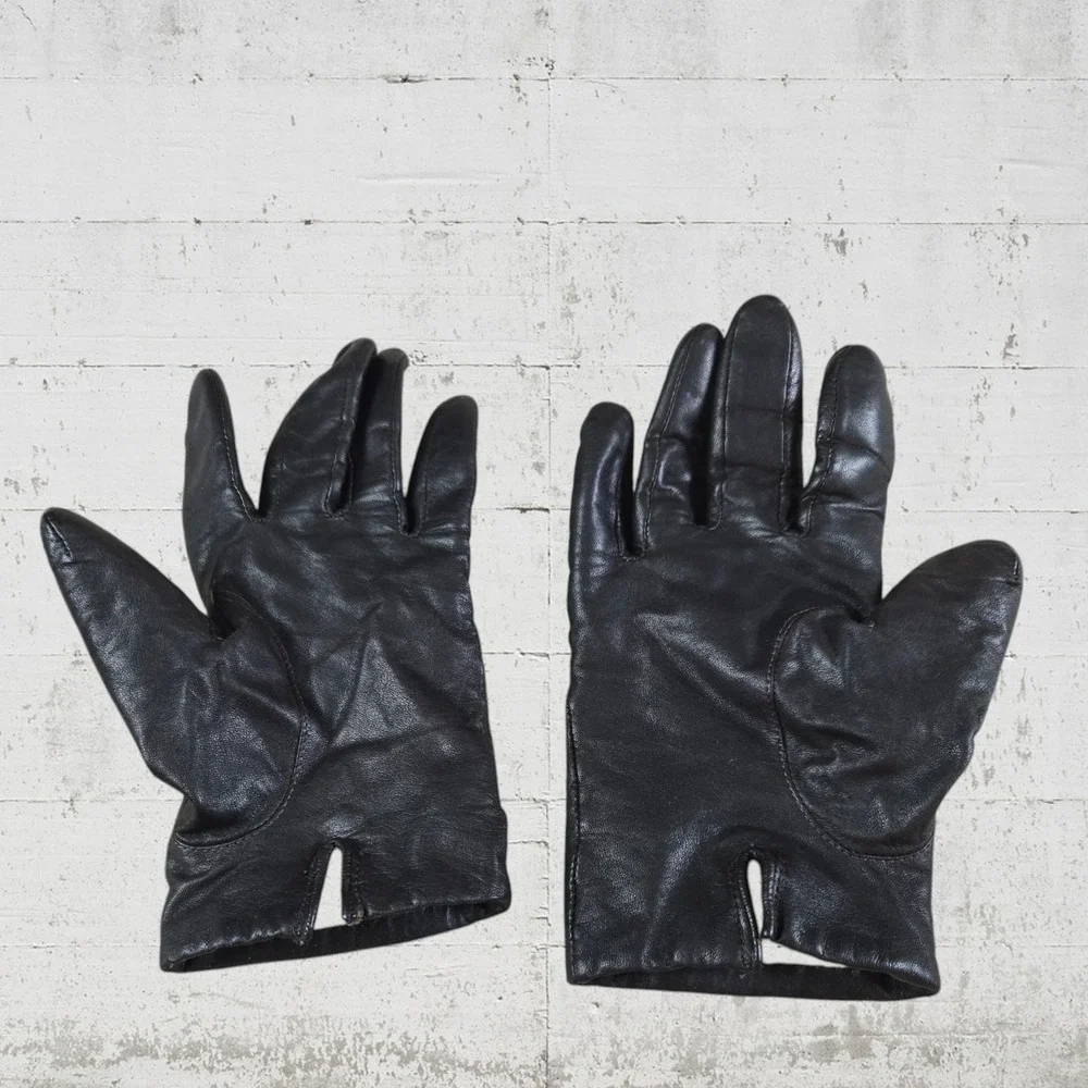Vintage 70s Black Leather Wool Blend Lined Driving Gloves Size Small